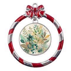 Flowers Spring Metal Red Ribbon Round Ornament