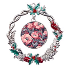Vintage Floral Poppies Metal X mas Wreath Holly Leaf Ornament