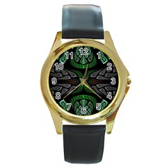 Fractal Green Black 3d Art Floral Pattern Round Gold Metal Watch