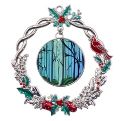 Nature Outdoors Night Trees Scene Forest Woods Light Moonlight Wilderness Stars Metal X mas Wreath Holly Leaf Ornament