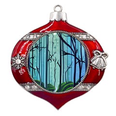 Nature Outdoors Night Trees Scene Forest Woods Light Moonlight Wilderness Stars Metal Snowflake And Bell Red Ornament