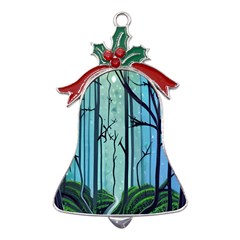 Nature Outdoors Night Trees Scene Forest Woods Light Moonlight Wilderness Stars Metal Holly Leaf Bell Ornament